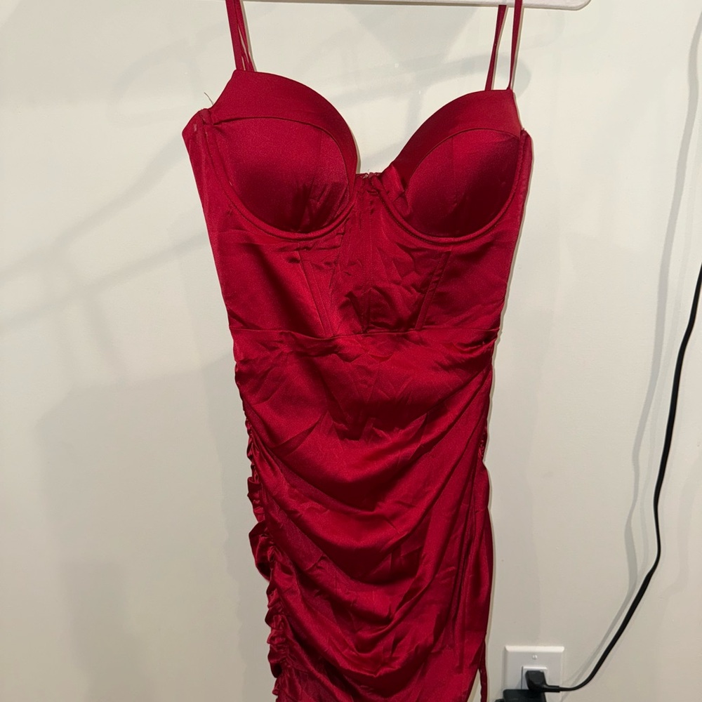 Oh Polly Red Satin Bustier Ruched Dress